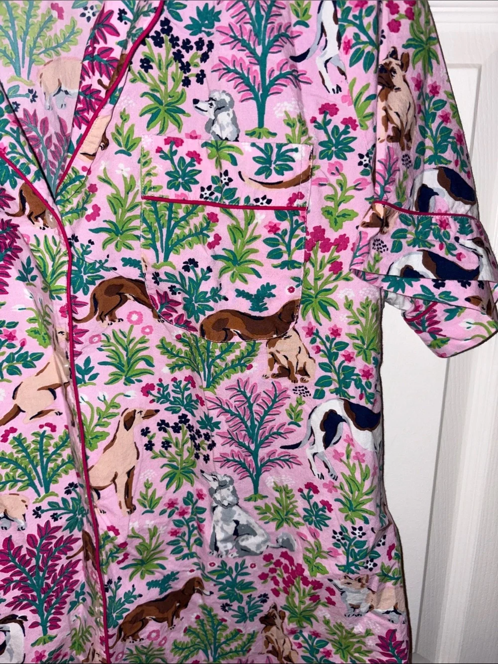 Printfresh Pink Multicolor Dog Print Short Sleeve Button Top and Long Bottoms